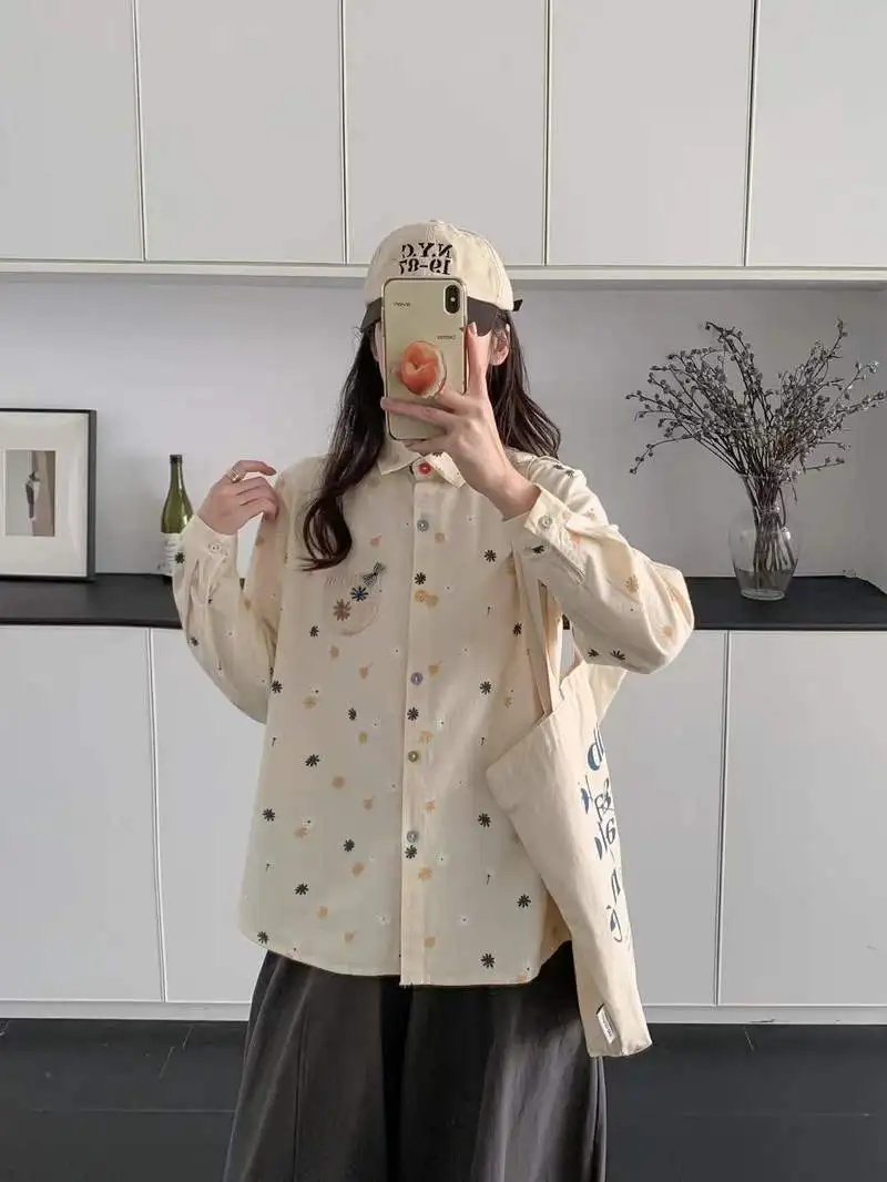 New 2025 Winter Cotton Long Sleeve Brushed Shirt, Women Lapel Knit Pocket Patchwork, Mori Girl OL Commute Loose Blouse T5D422CC