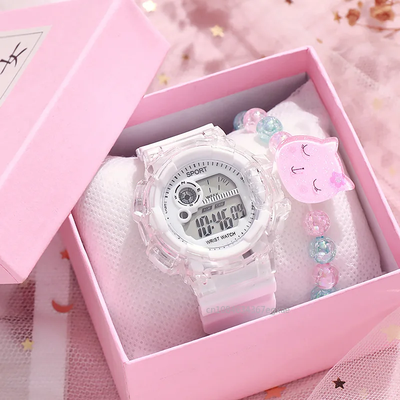 Children's Electronic Watch Teenage Couple Fashion Sports Multifunctional Watch and Acrylic Beaded Bracelet Set Gift for Kids