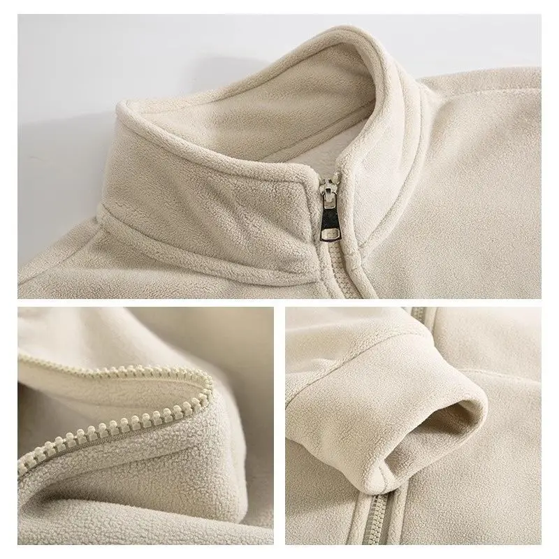 Autumn Winter Polar Fleece Warm Coat Women Sweatshirt Outdoor Sports Casual Zipper Cardigan Jacket Top Slim Teenagers Beige Pink