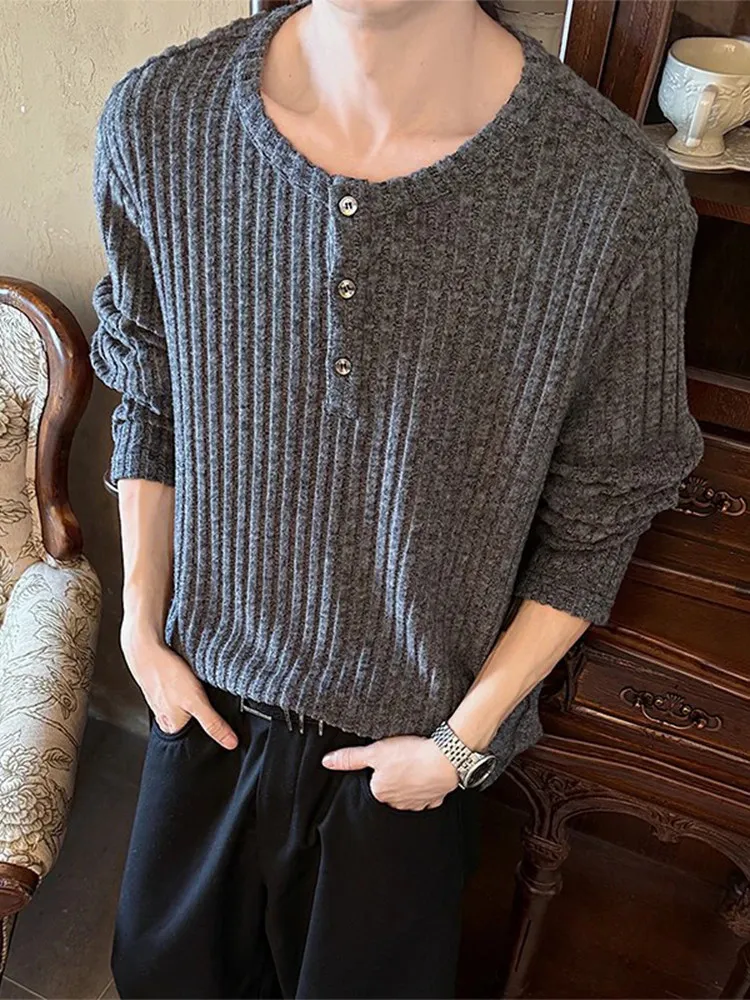 Loose Fit Long Sleeve Henry Collar T-Shirt Men's Style Autumn Fashion Textured Lazy High-End Base Shirt Top Casual Wear