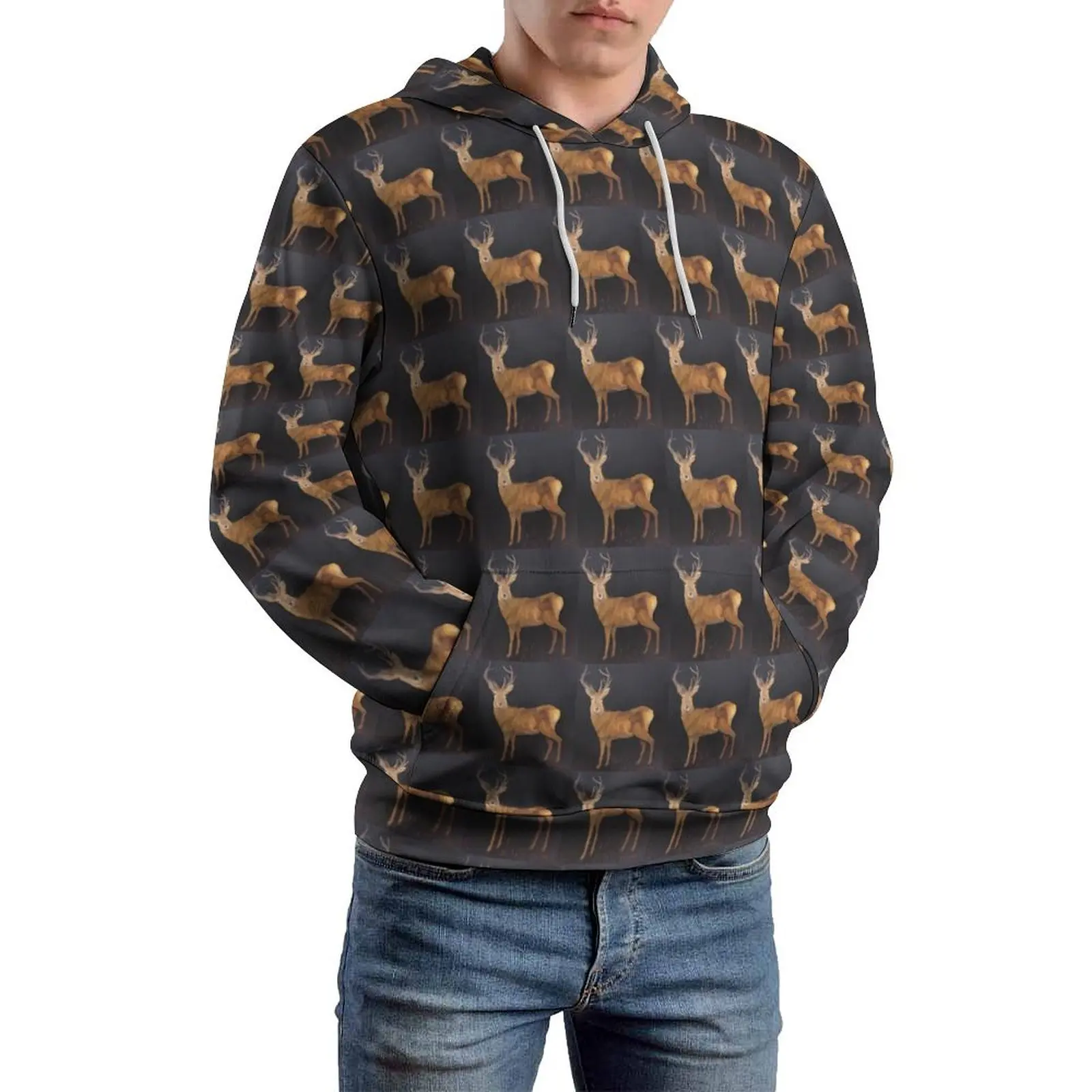 Deer Print Loose Hoodies Wild Animal Casual Hoodie Unisex Long Sleeve Y2k Design Hooded Sweatshirts Plus Size