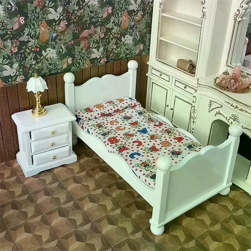 1:12 دمية المنمنمات خشبية سرير مفرد منضدة مجموعة نموذج الأثاث اكسسوارات ل بيت الدمية ديكور الاطفال التظاهر اللعب لعبة