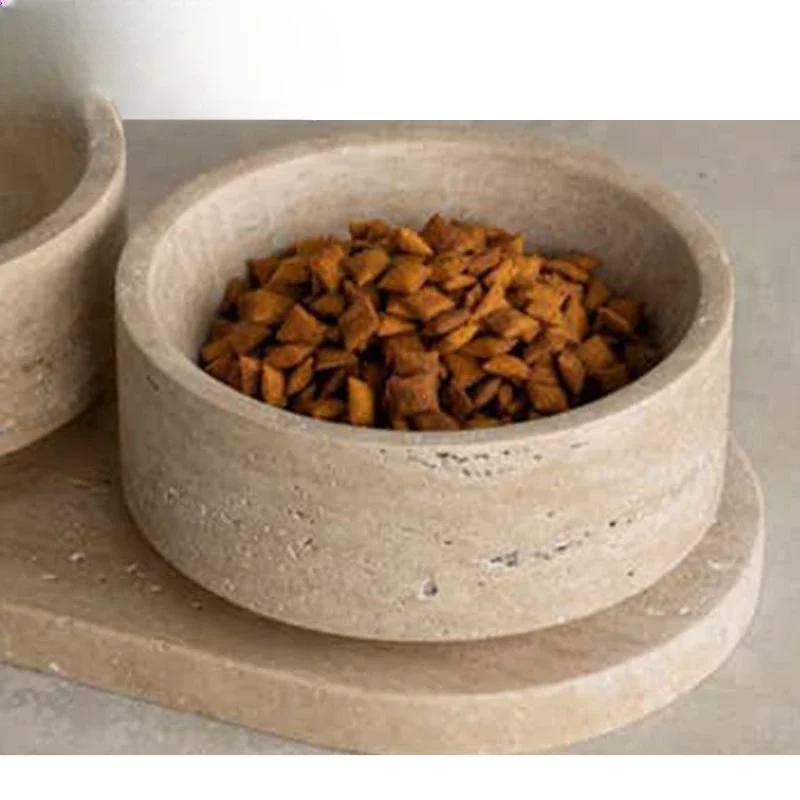 Design Light Beige Travertine Pet Bowl Marble Pet Double Bowl Cat Easy Cleaning Top Dog Feeder