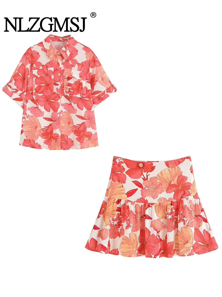 

NLZGMSJ 2025 Summer Women's Two Piece Set Outfit Fashion Pocket Decoration Top Lotus Leaf Edge Skirts Set Womens Suit