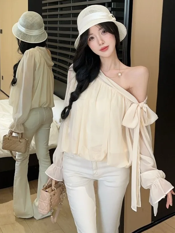 

Gentle Women's Long Sleeve Chiffon Shirt with Bow Tie Loose Style Autumn New Fashion Soft And Delicate Top for City Walk