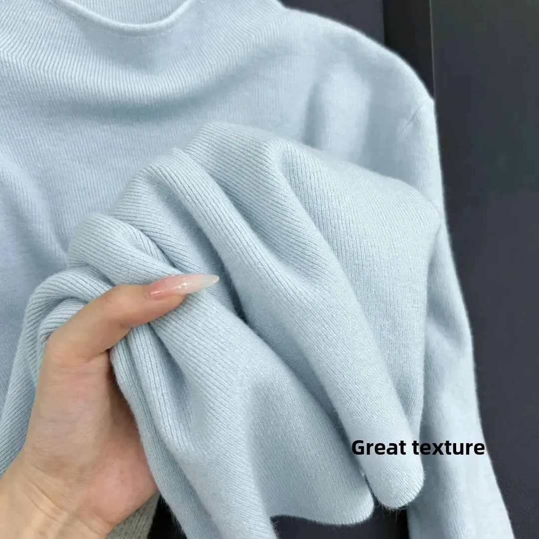 Blue Slim Fit Long Sleeve Knitted Half High Collar Sweater Autumn Winter Style Commute Pure Color Polyester Spandex Blend