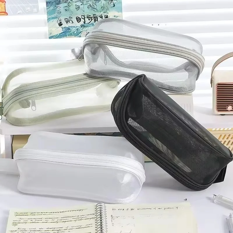 

New Large Capacity Handheld Mesh Pencil Case - Solid Color Stationery Storage Bag for Students & Office, Cosmetics Organizer