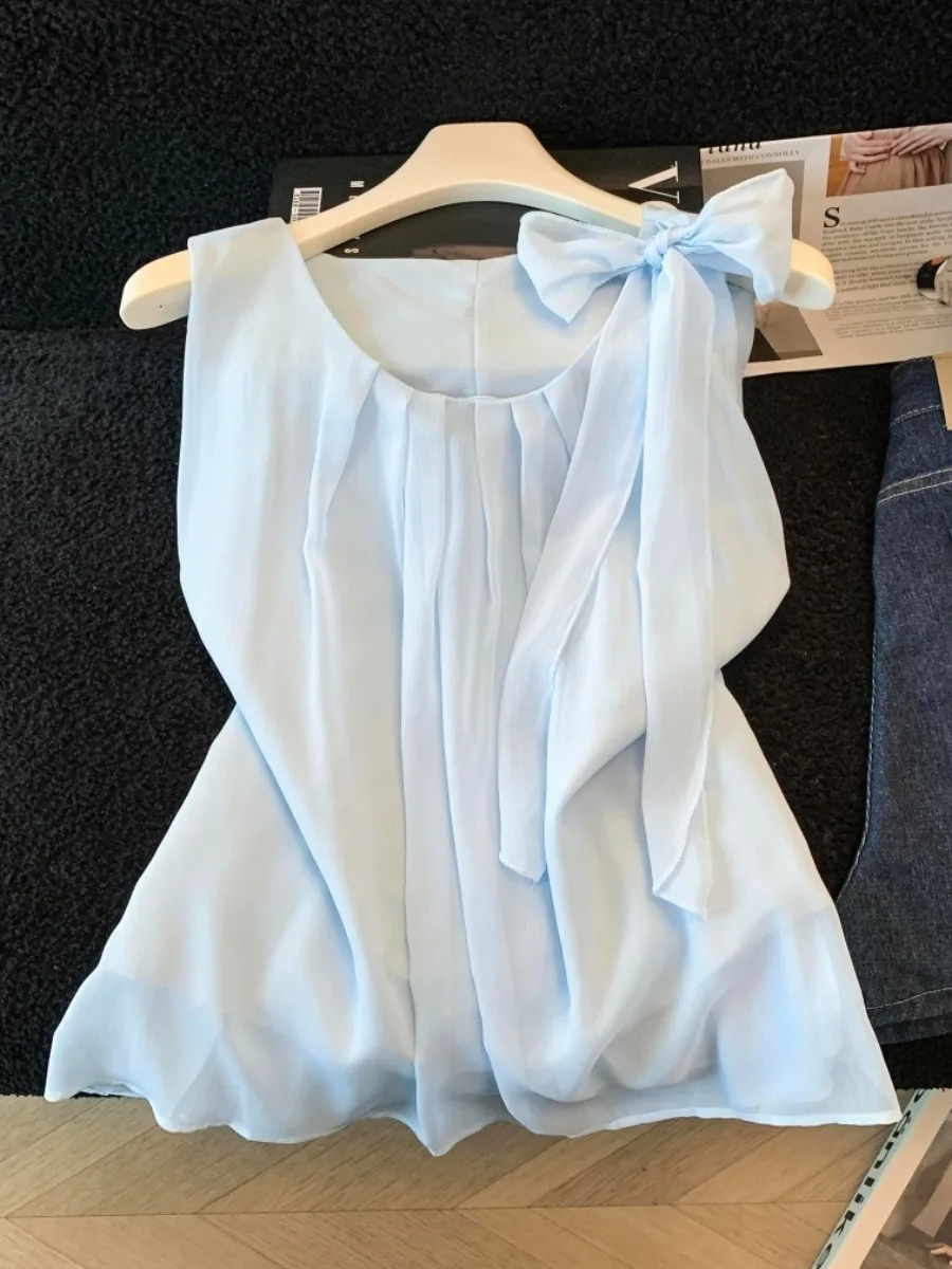 

Blue Pleated Sleeveless Chiffon Top Women's Summer New Style round Neck Beautiful Knot Sash Loose Fit Breathable