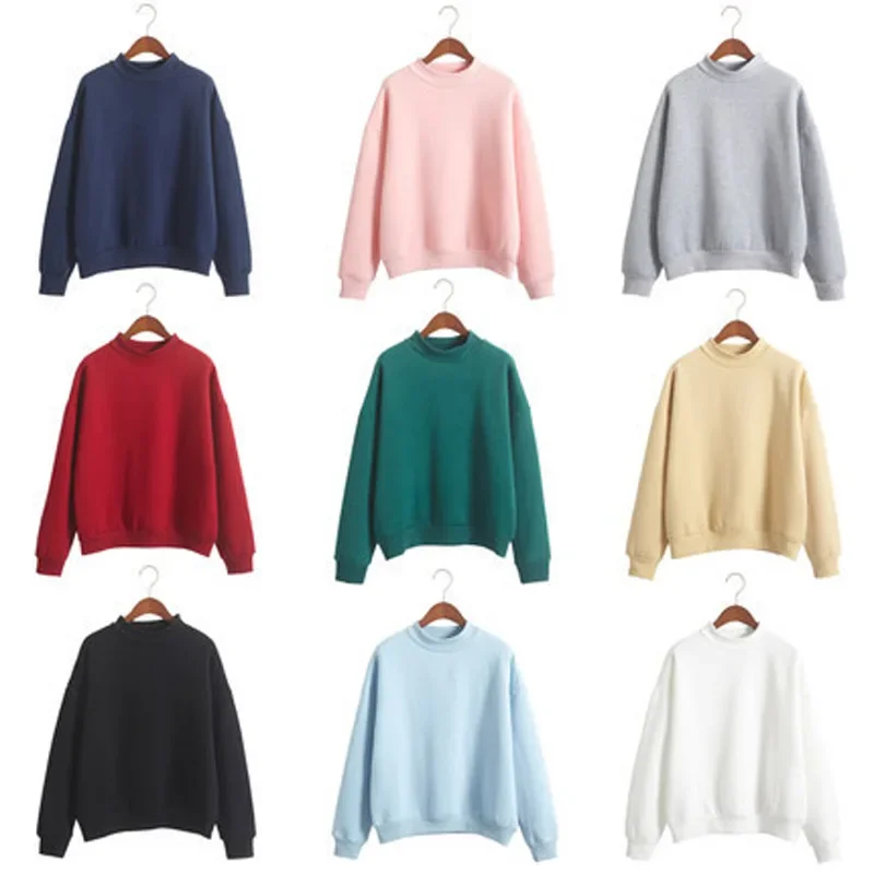 Women Casual Sweater with Loose Sweatshirt Oversized Plus Fleece Thick Hoodie High Neck Korea Solid Color Baseball Coat Student
