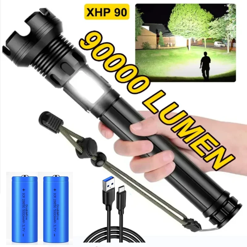 90000 lumen rechargeable flashlight 90000 Lumens LED Tactical Flashlight Rechargeable XHP90 USB Zoomable 7Modes  Super Bright Floodlight Spotlight Torch Light
