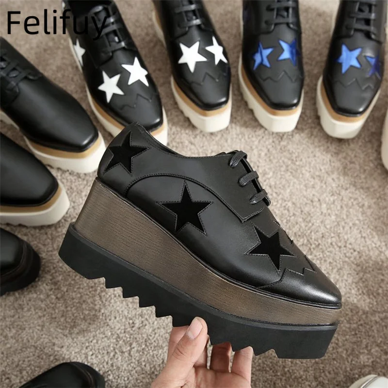 

Real Leather Stars Fashion Women Sneakers Thick Bottoms Waterproof Wedges Lady Loafers Square Toe Increased Platform Casual Shoe