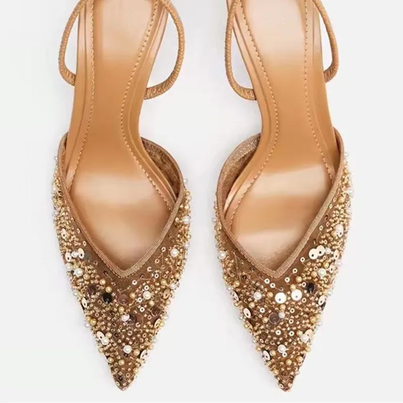 Luxury Designer Bling String Bead Mesh High Heels Women Sexy Pointy Toe Breathable Heeled Sandals Elegant Slingbacks Women Pumps image 3