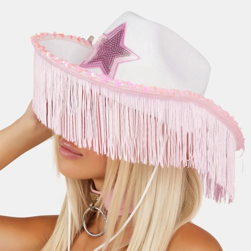 Pink Cowgirl Hats Glitter Sequins Star Decorations Cow Girl Hat with Fringe Dropsale