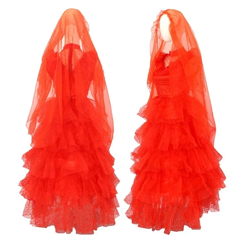 Escarabajo novia Lydia Deetz disfraz Lydia mujer vestido de novia gótico vestido rojo trajes de Halloween con velo