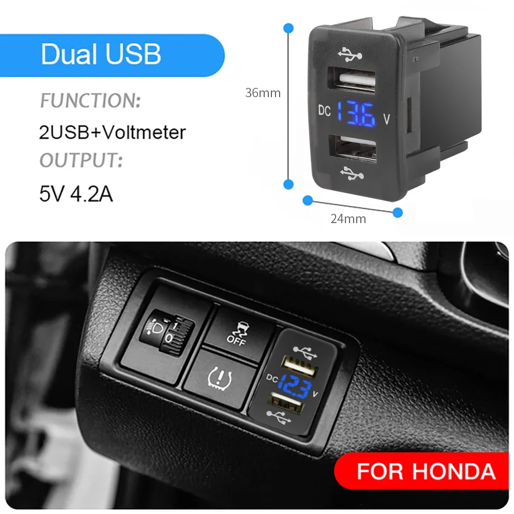 4.2A Dual Port Toma Fast Phone 12V USB Charger With LED Voltmeter Car USB built-in Socket Adapter Charger For Honda Crv CB500X