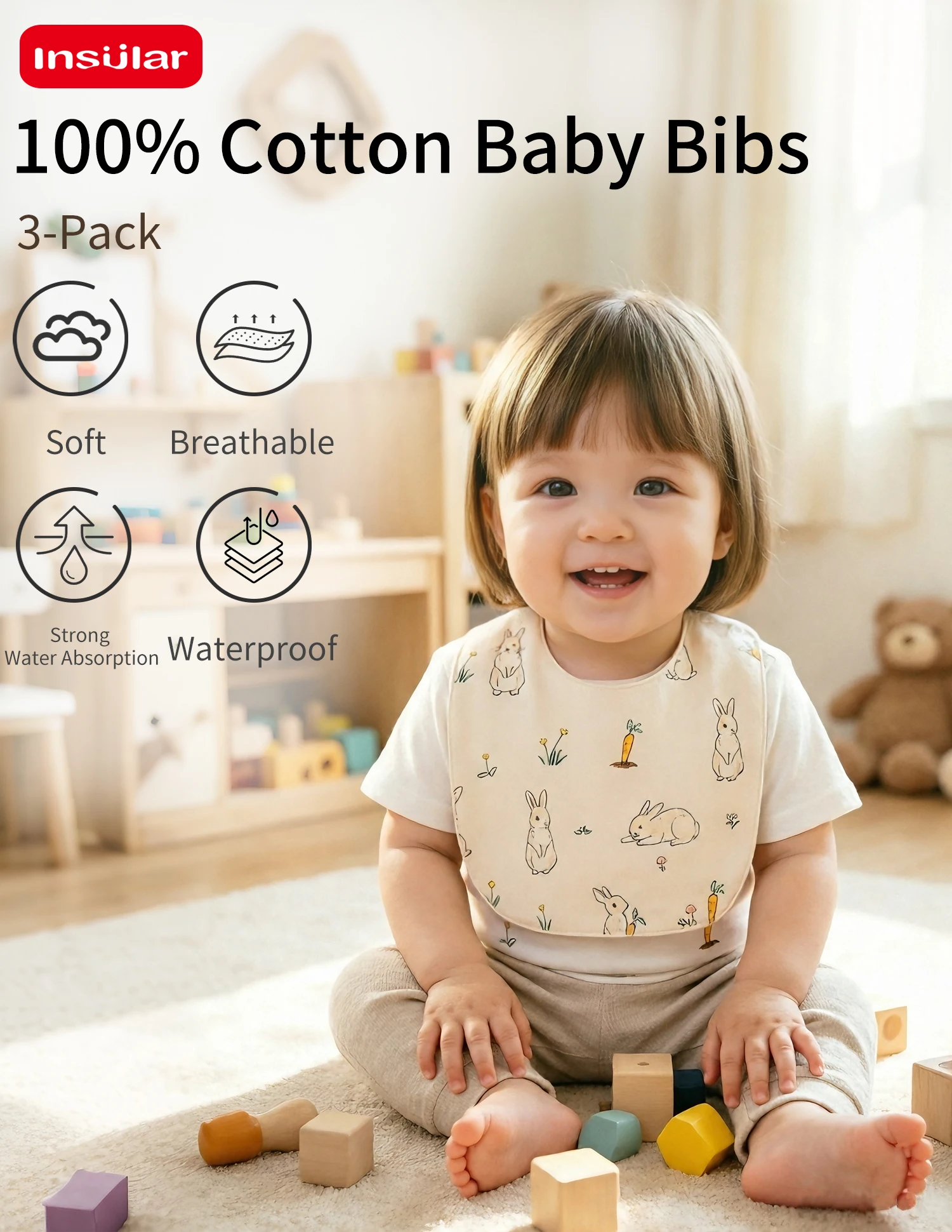 Printed Bibs Pack - INSULAR 3 Pack Pure Cotton Waterproof