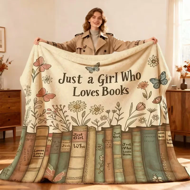 Vintage Stacked Book Floral Butterfly Flannel Blanket