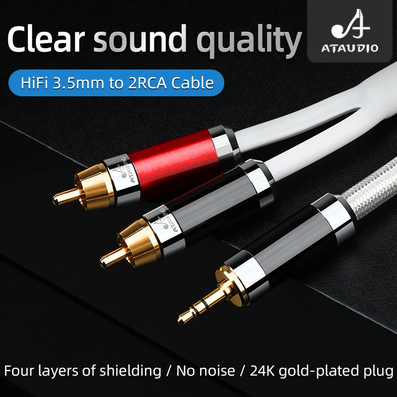 ATAUDIO HiFi 3.5mm to 2RCA Audio Cable Hi-end 7N OCC Noise-free Stereo 3.5 Jack to 2RCA Male for Amplifiers Audio Home Theater