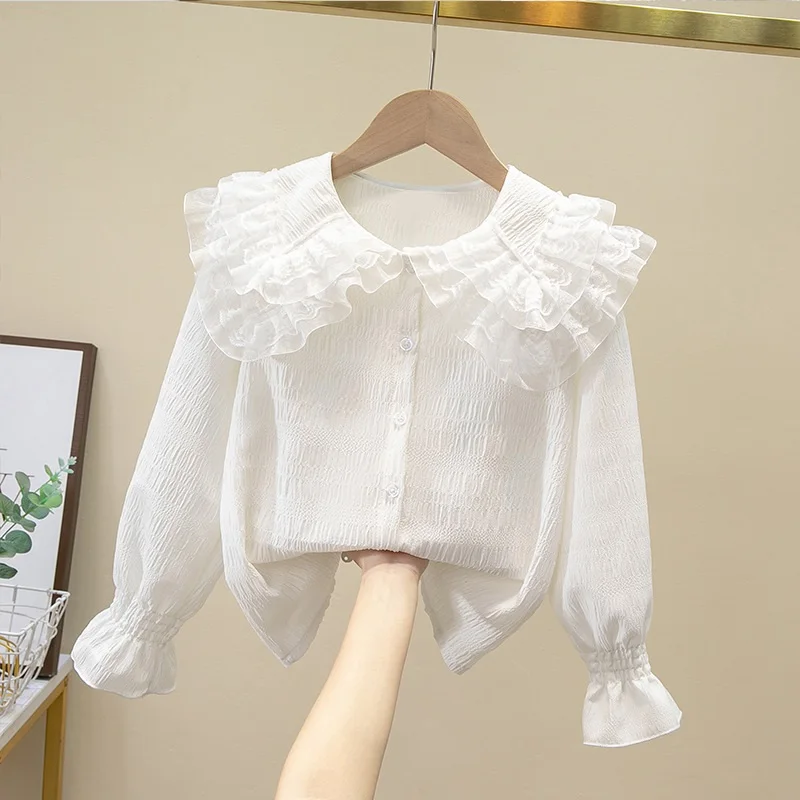 Autumn Children Clothes Girls Ruffles Lace Blouse White Long Sleeve School Uniform Girl Shirt Kids Shirts 6 8 10 12 14 Years