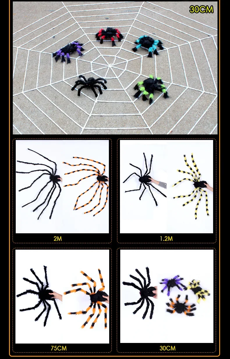 Riesiges rundes Spinnennetz und große haarige künstliche Spinne – gruselige Requisiten für Halloween-Dekorationen für Garten, Tür & Outdoor-Deko, Partygeschenke – Detail 13