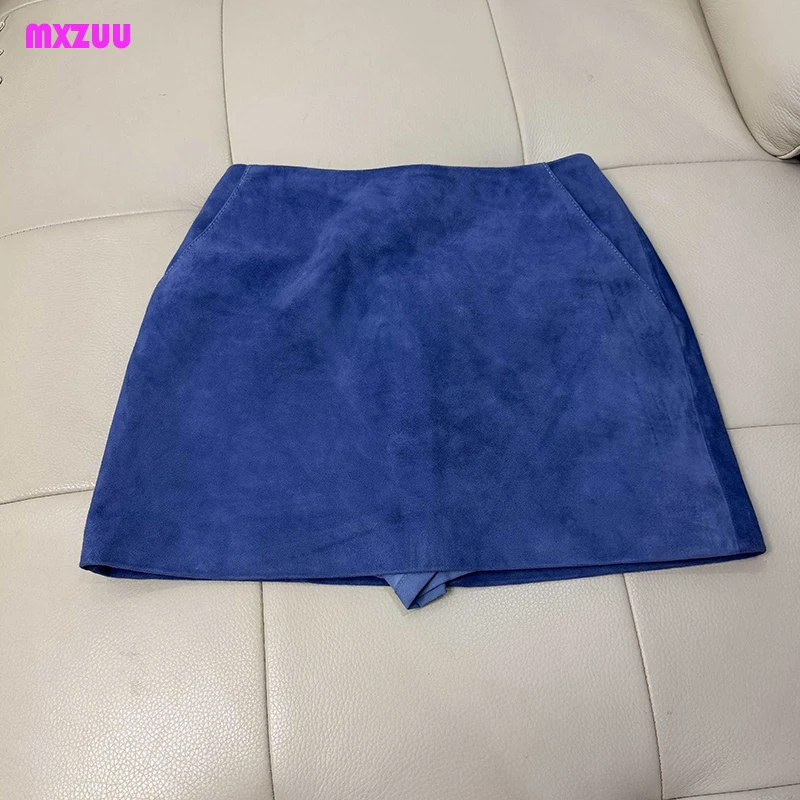 Real Suede Leather Mini Skirt for Women Spring High Quality Sheepskin Simple Warp Hip Slim Fashion A-Line Short Jupe Femme Saias