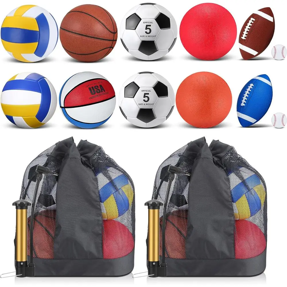 

12-Piece Assorted Sports Ball Set: Official Size Basketball, Soccer, Volleyball, and More with Bag and Pump for Back to School