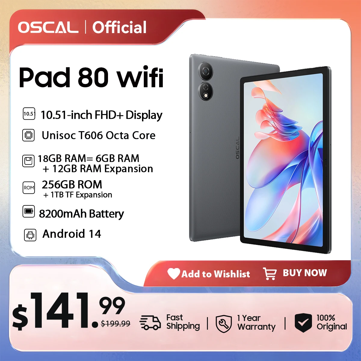 OSCAL-Pad 80 WiFi Tablet, andróide 14, 10.51 ''FHD + Display, T606 Octa Core, 18GB, 6 + 12 RAM, 256GB ROM, 8200mAh, Câmera 13MP, Blackview