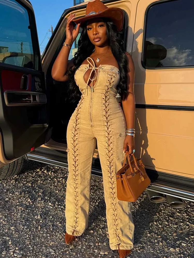 

One Piece Strapless Jumpsuit Open Collar Sexy Denim Jumpsuits for Woman Cowboy Style Corset Waist Sexy Bodycon Jumpsuit