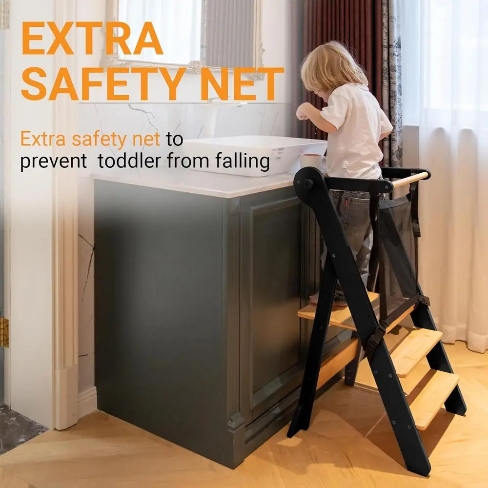 Escabeau pliant à hauteur réglable pour les tout-petits – Aide de cuisine avec filet de sécurité, âgés de 18 mois à 6 ans, naturel et charbon