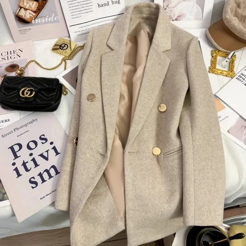 Fashion Woolen Suit Jacket Women's Vintage Blazers Double-breasted Office Coat Female Casual Outerwear Spring Autumn Streetwear