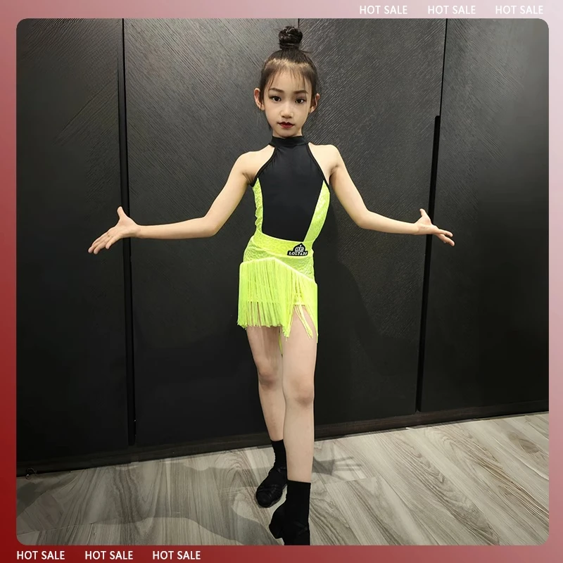 

High-end green fringed Latin dance practice suits for children girls performance practice suits dance costumes and dance skirts