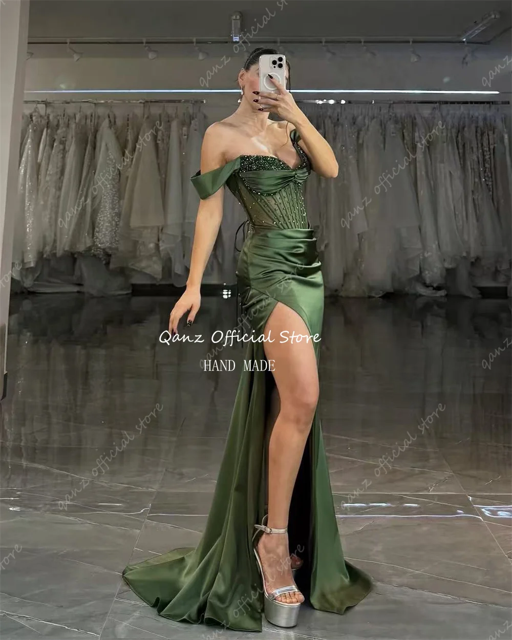 Qanz Mermaid Olive Green Prom Dresses Beadings Hgh Slit Satin Off Shoulder Evening Luxury Dress Vestidos De Festa Customized