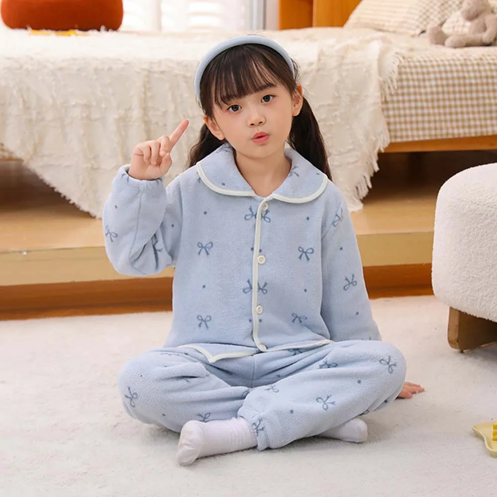 

Boys Girls Autumn Winter Flannel Pajamas Sets Kids Cartoon Lapel Coat Pants Pyjamas Children Casual Soft Sleepwear Suit