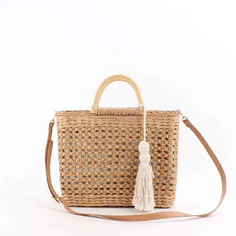 SVB1 Fashion Hollow Wooden Handle Straw Shoulder Bags Wicker Woven Rattan Women Handbags Summer Beach Large