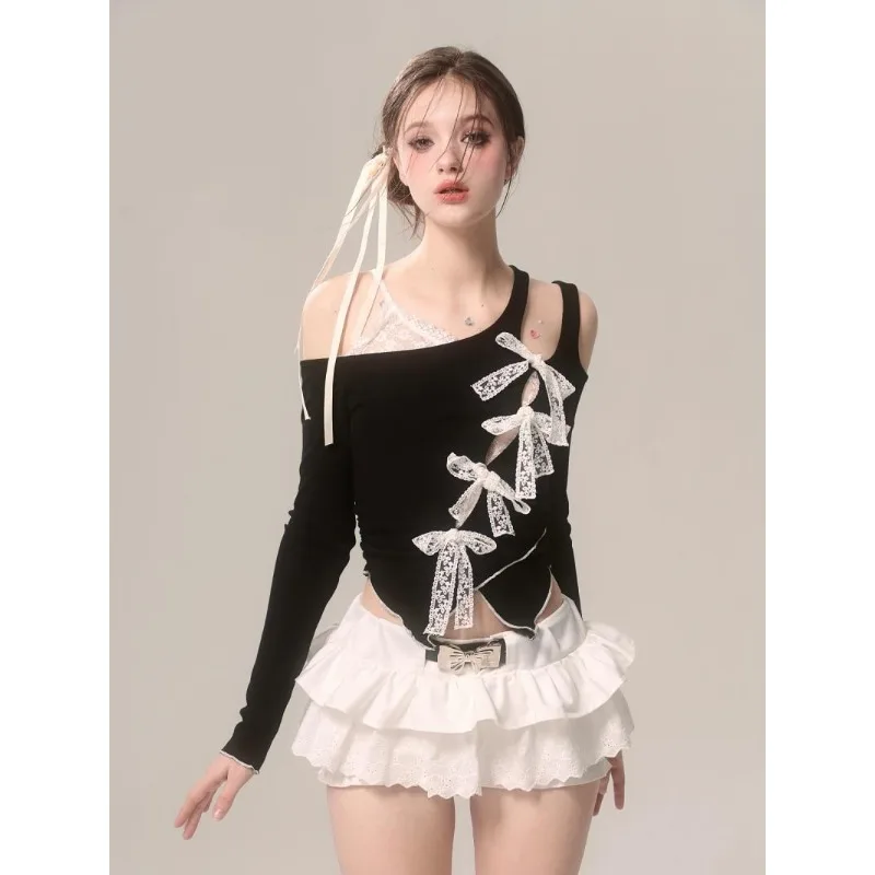 

Versatile Irregular Y2k Clothes Aesthetics Sweet Black Slant Neck Lace Bow Design Long Sleeve T-shirt Short Tops Streetwear Lady