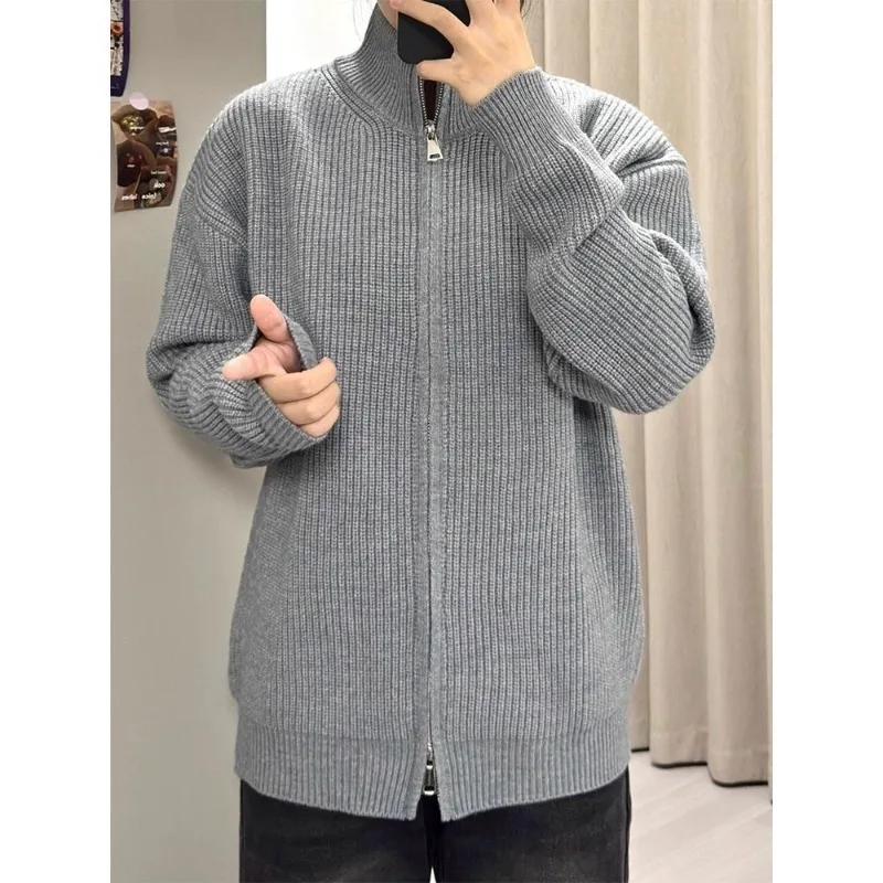 Mens Knit Jacket Harajuku American Streetwear Solid Color Zip Up Sweater Stand Collar Loose Fit Slim Style Casual Fashion Trend
