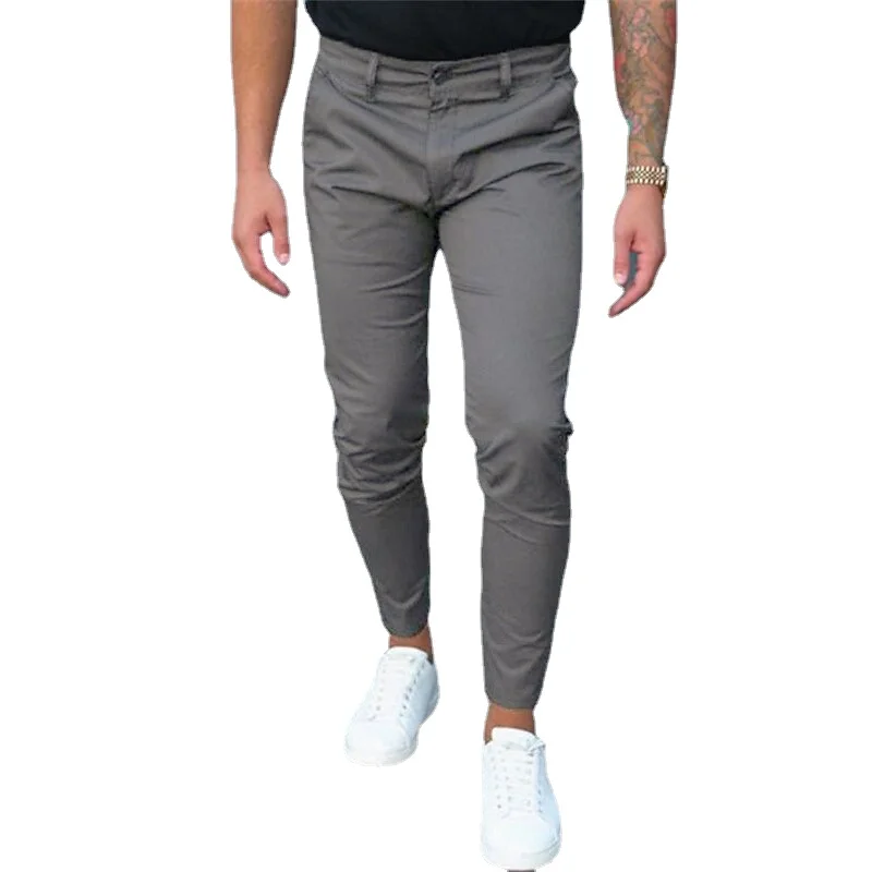 

European and American Men's Pants with Solid Color Tight Fitting Pockets, Zippered Business Casual Slim Fit Small Leg Pants