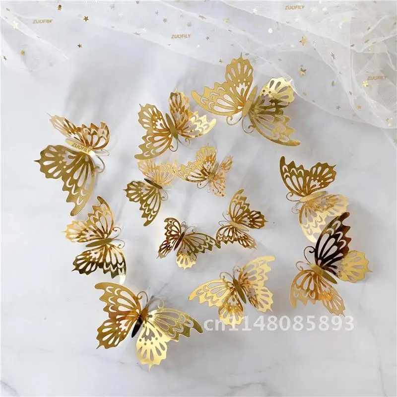 12Pcs/Set 3D Hollow Butterfly Wall Sticker Gold Silver Rose Wedding Decoration Living Room Home Decor Butterflies Decal Stickers