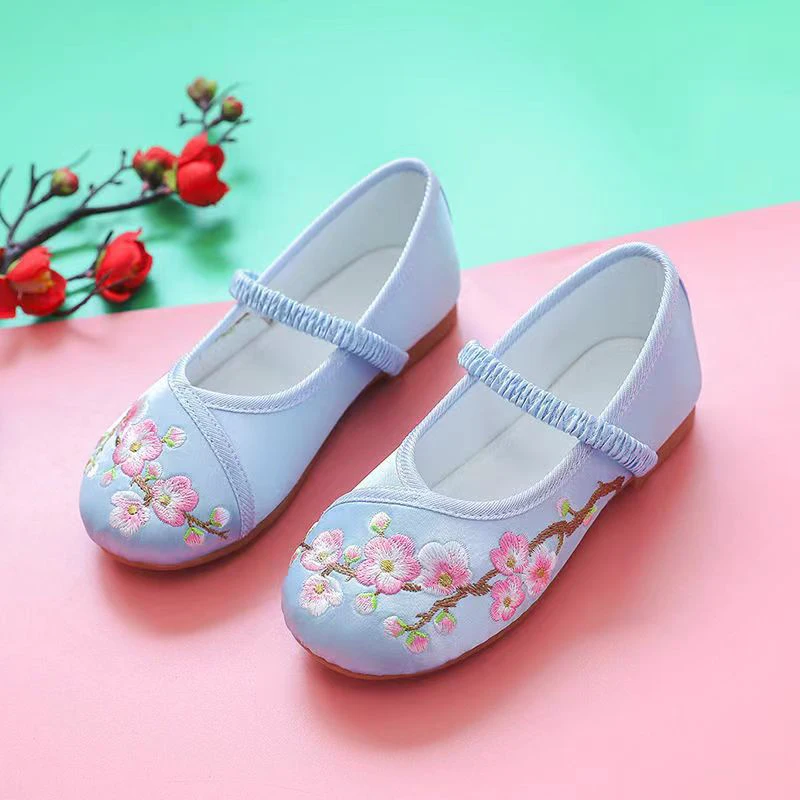 Children Hanfu Flat Shoes Kids Flower Embroidery Ethnic Chinese Style Toddler Baby Princess Girl Ancient Dance Performance