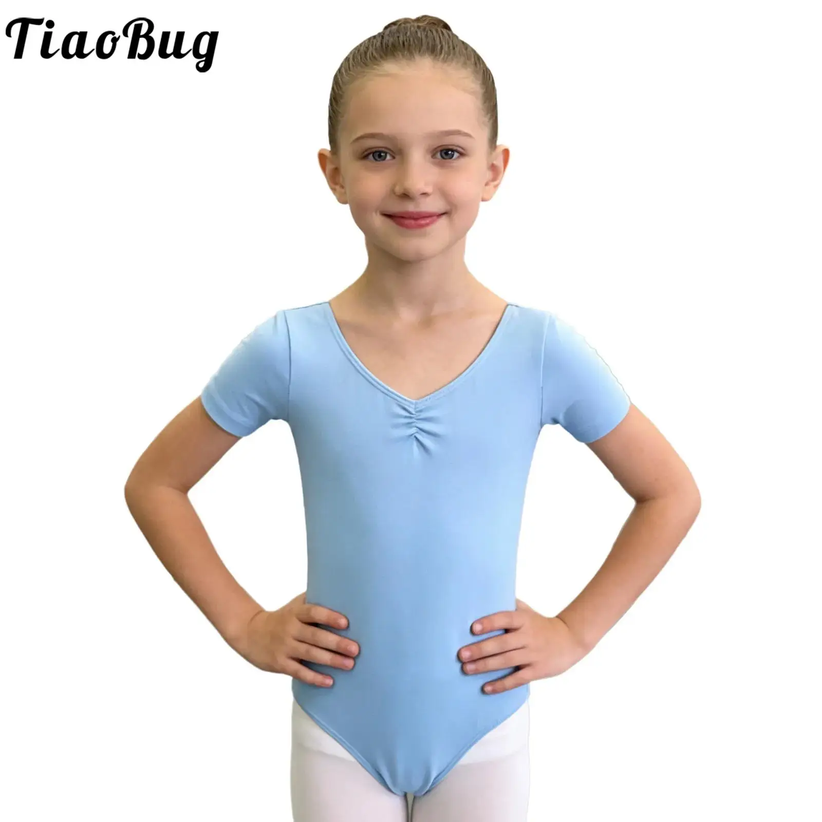 

Kids Girls Gymnastic Ballet Dance Practice Performance Costume Ruched V-Neck Short Sleeve Press Button Crotch Leotards Ballerina