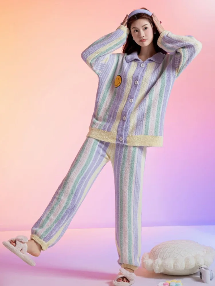 TXii [Advanced Sense] Striped Half Velvet Pajamas Women's 2023 Winter New Outwear Soft Cardigan Home Clothes