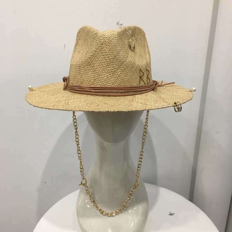 2022 summer raffia sunhat for women with chain and pin women\'s straw Panama Hat