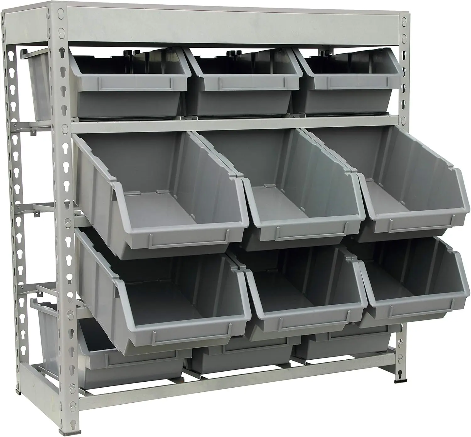 Bin Rack Boltless Steel Storage System Organizer w/ 12 Plastic Bins in 4 tiers