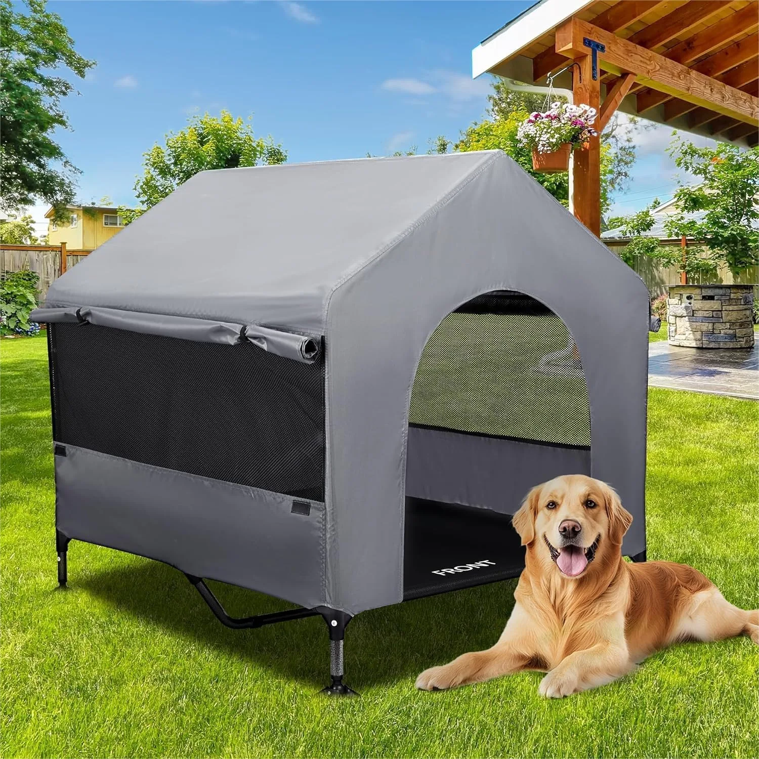 

Large Dog House 42" Outdoor Indoor with Breathable Mesh Windows, Elevated Dog Bed Cot Tent Shade Shelter for Large Breeds