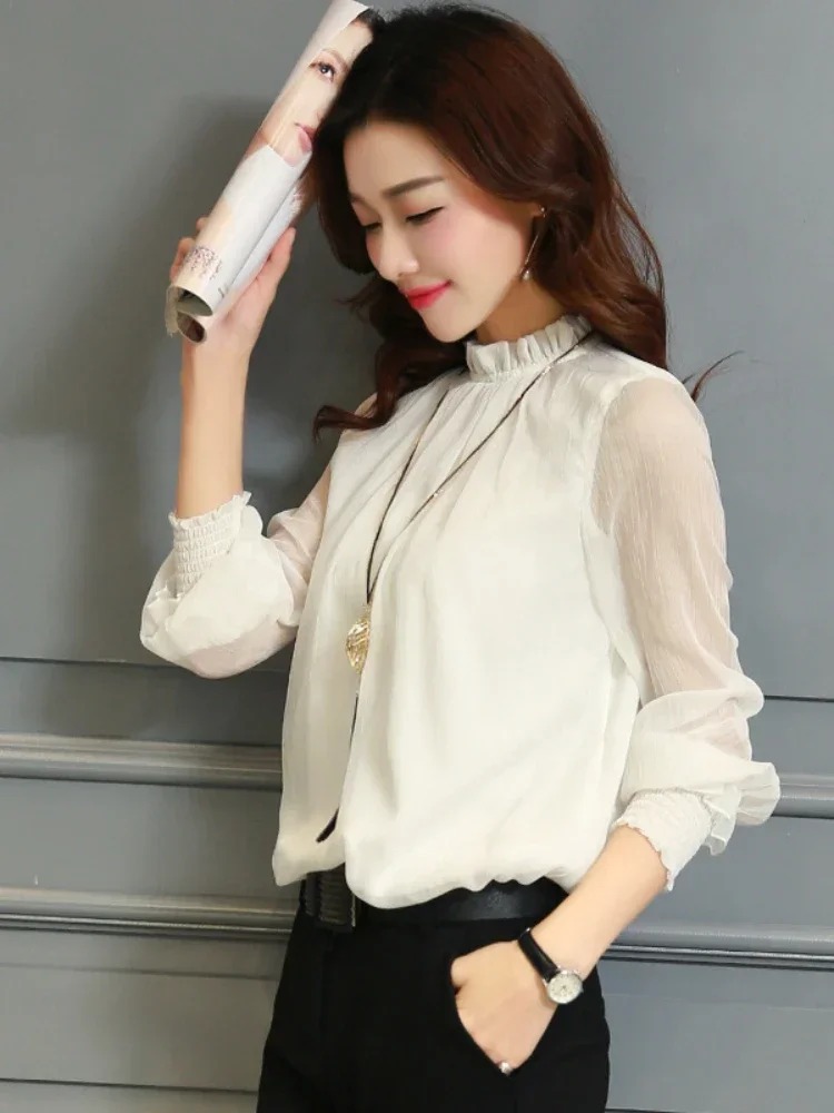 Chiffon Blouse New Women Tops Long Sleeve Stand Neck Work Wear Shirts Elegant Lady Casual Blouses women's blusas clothe