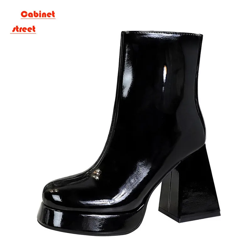 

Chunky High Heels Ankle Boots Women 2024 Back Zipper Patent Leather Boots Woman Light Fashion Designer Black Platform Booties