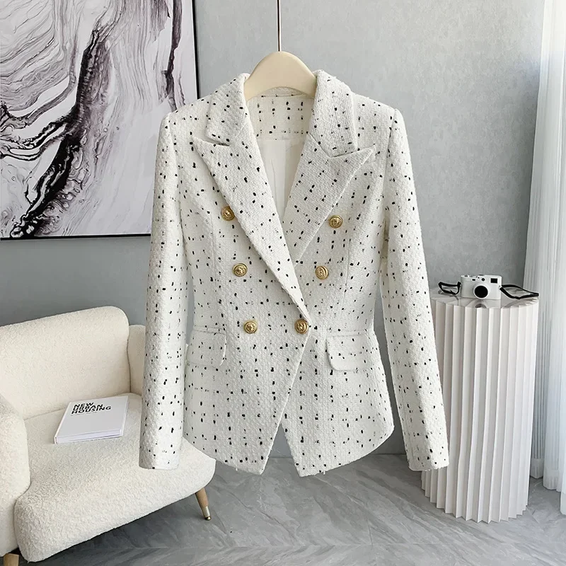 Blazer formal xadrez branco para mulheres, botão duplo, casaco fino, desgaste do trabalho de negócios, jaqueta senhora do escritório, terno elegante para mulher