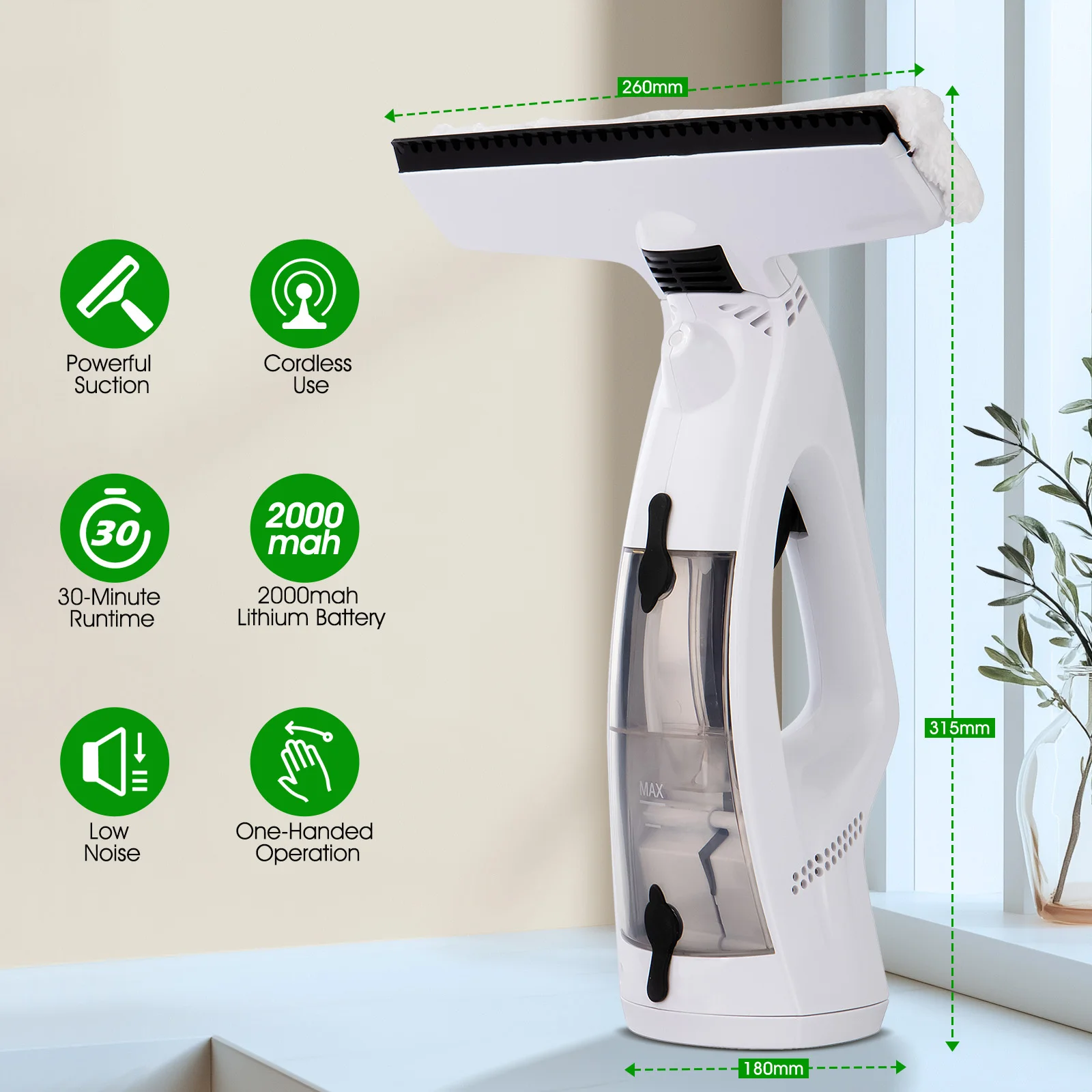 Cordless Window Vacuum Cleaner Electric Window Washer with Spray 2000mAh Rechargeable Squeegee Tool