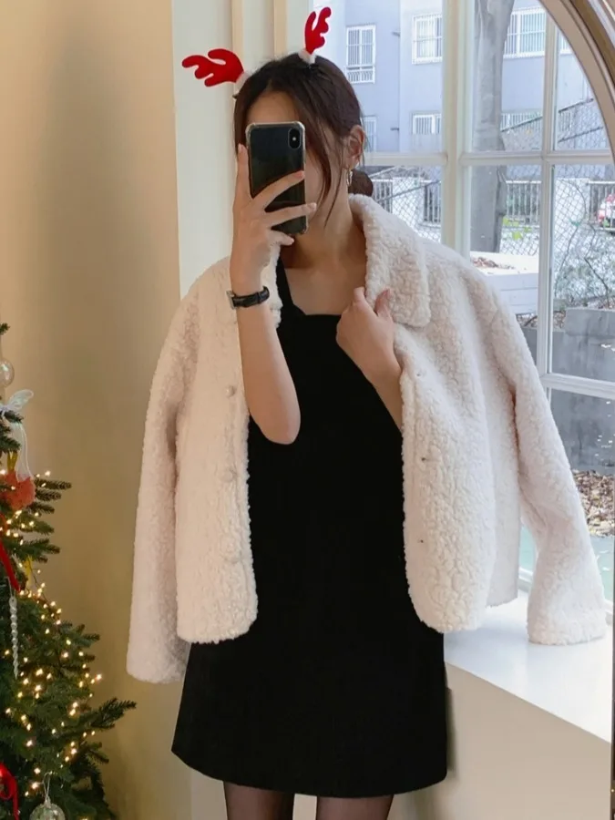 Coreano sle inverno faion anti-envelhecimento lapela único botão pele de cordeiro ort jaet feminino topo fibra de poliéster casual wear