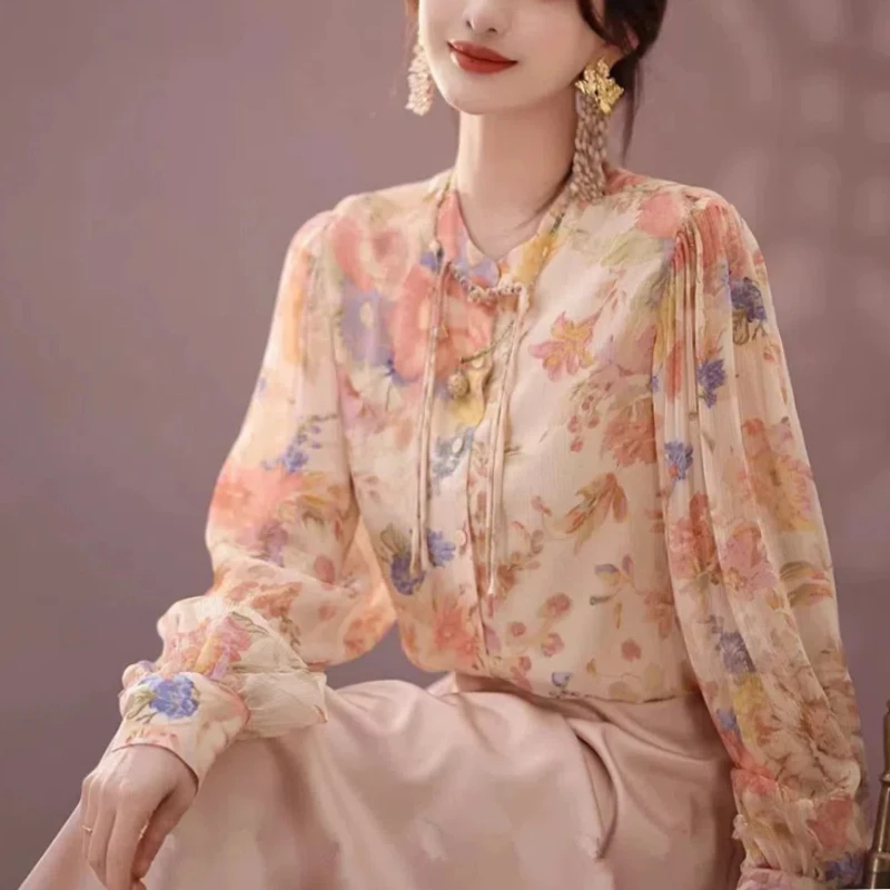 

Spring Autumn New Fashion Printing Round Neck Long Sleeve Blouses Women's Clothing Button Loose Simplicity Thin Versatile Shirts